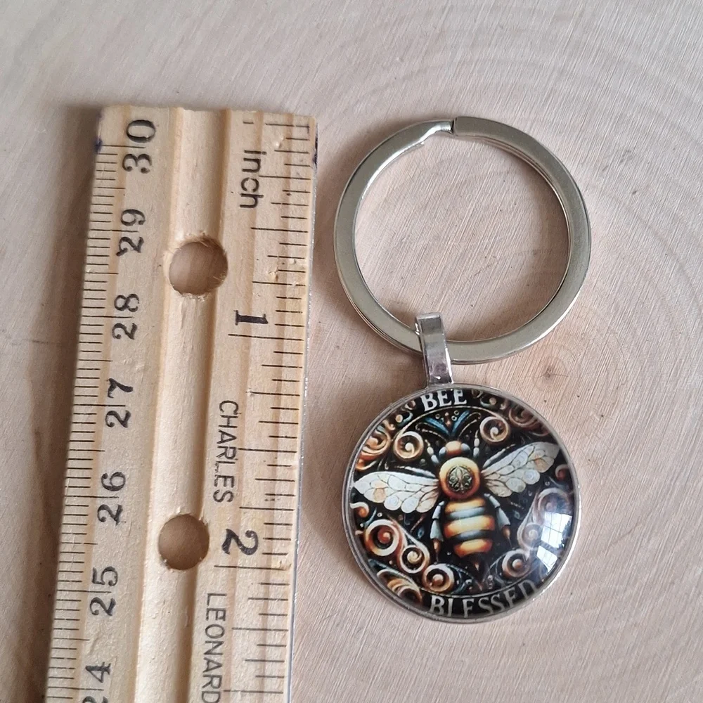 Bee Blessed Glass Cabochon Keychain | Boho Cottagecore Charm